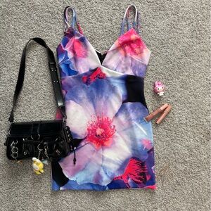 Bebe Pink and Blue Graphic Fitted Camisole Mini Dress